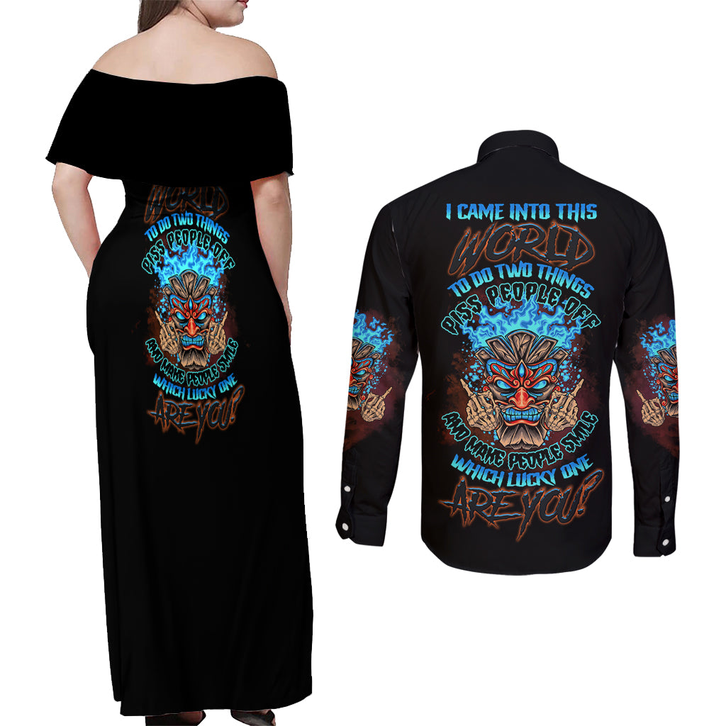 Which Lucky One Are You Skull Tiki Couples Matching Off Shoulder Maxi Dress and Long Sleeve Button Shirt - Wonder Print Shop