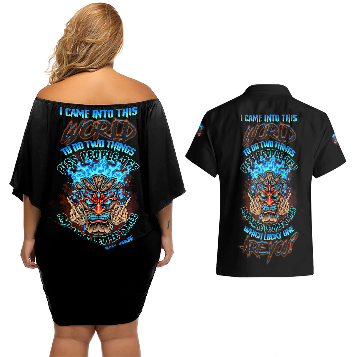 Which Lucky One Are You Skull Tiki Couples Matching Off Shoulder Short Dress and Hawaiian Shirt - Wonder Print Shop