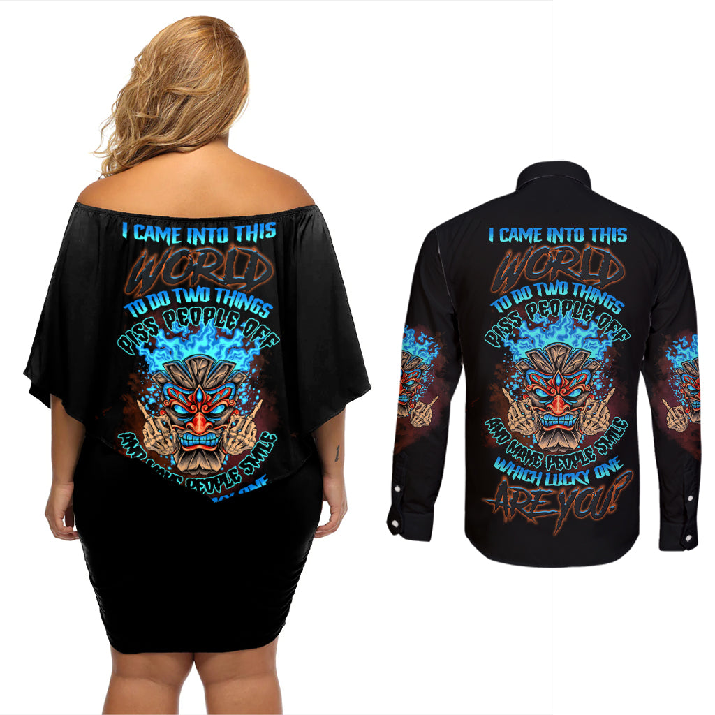 Which Lucky One Are You Skull Tiki Couples Matching Off Shoulder Short Dress and Long Sleeve Button Shirt - Wonder Print Shop
