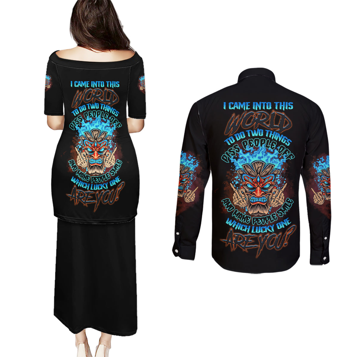 Which Lucky One Are You Skull Tiki Couples Matching Puletasi Dress and Long Sleeve Button Shirt - Wonder Print Shop