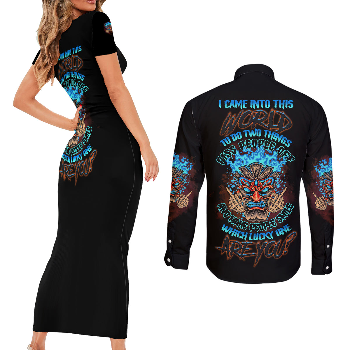 Which Lucky One Are You Skull Tiki Couples Matching Short Sleeve Bodycon Dress and Long Sleeve Button Shirt - Wonder Print Shop