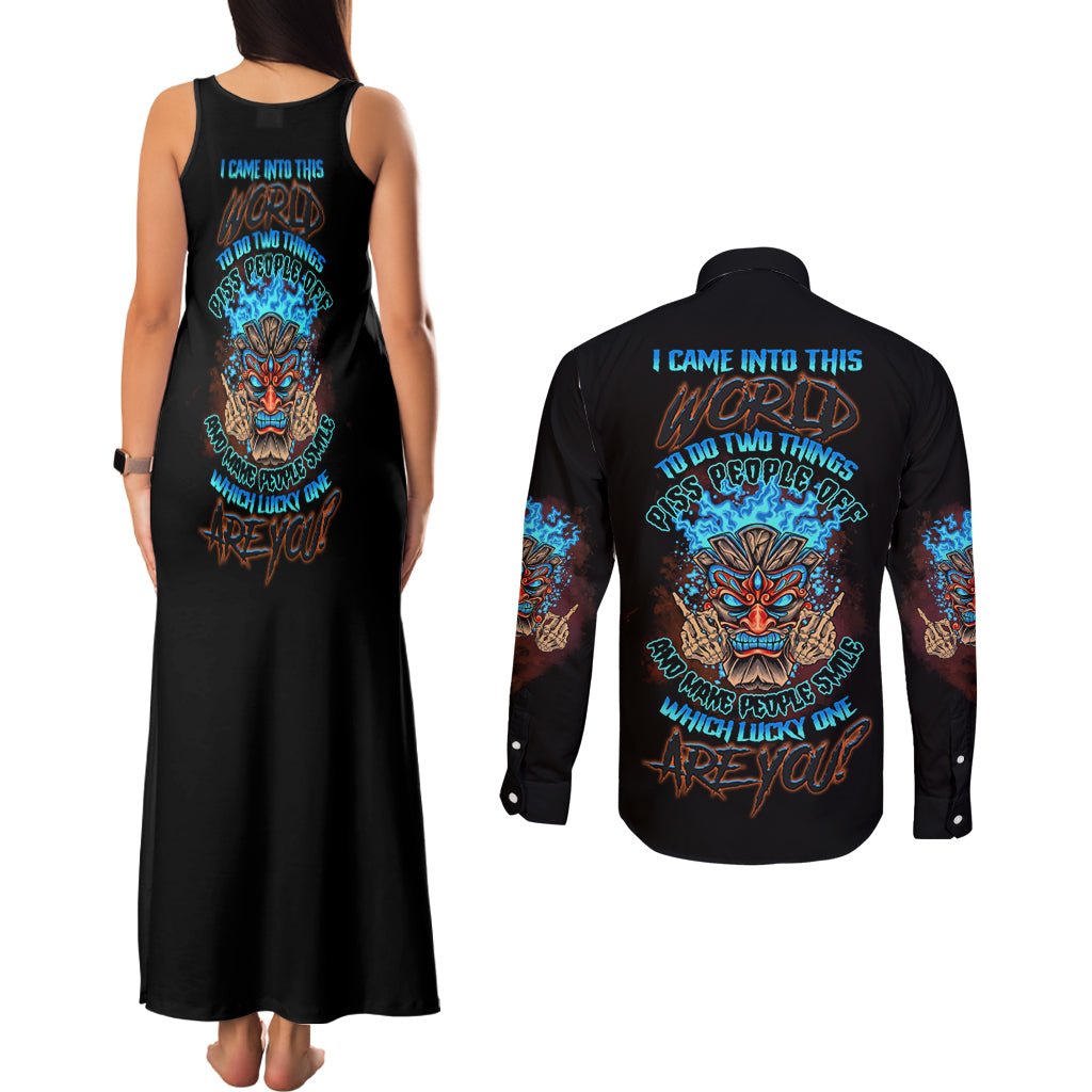 Which Lucky One Are You Skull Tiki Couples Matching Tank Maxi Dress and Long Sleeve Button Shirt - Wonder Print Shop