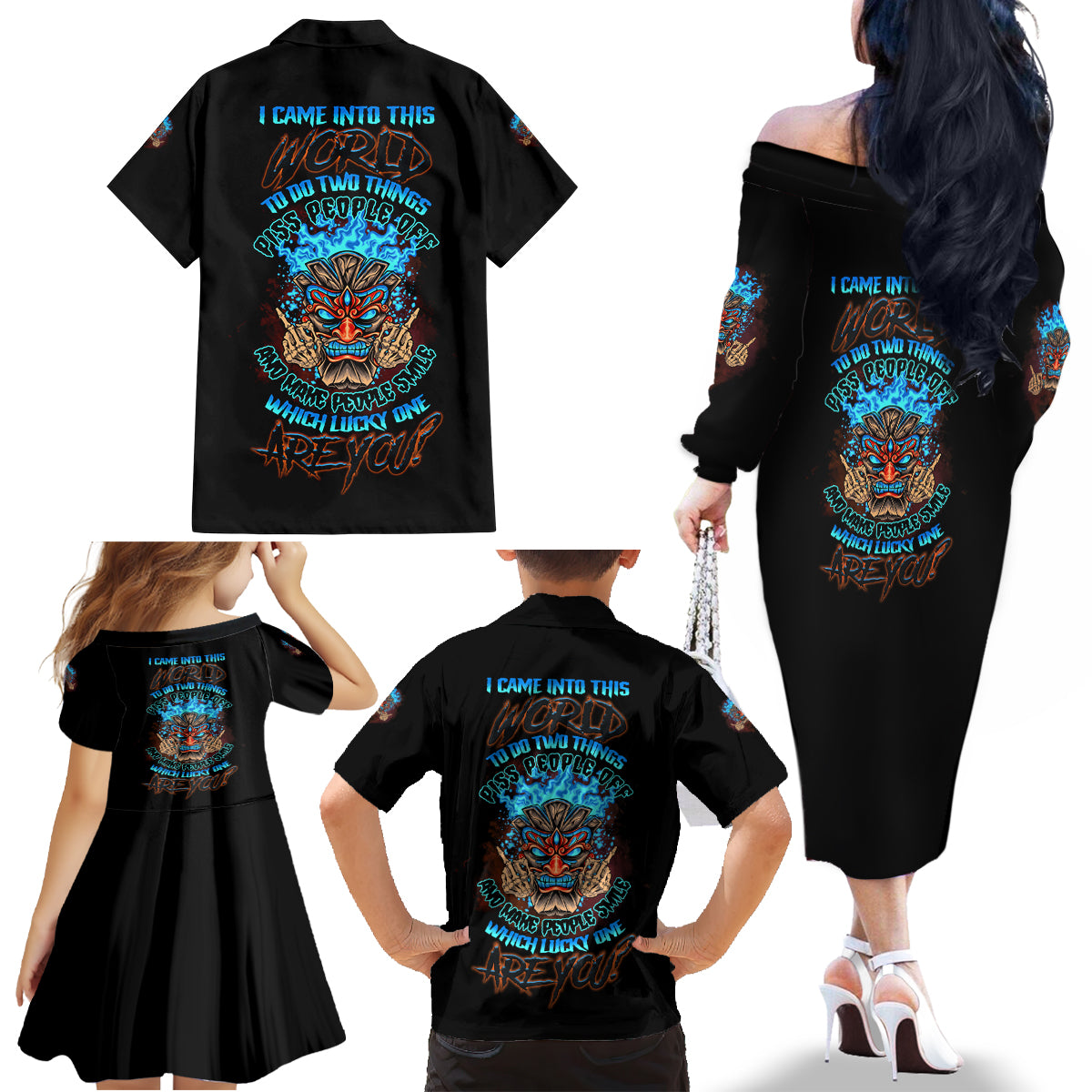 Which Lucky One Are You Skull Tiki Family Matching Off Shoulder Long Sleeve Dress and Hawaiian Shirt - Wonder Print Shop