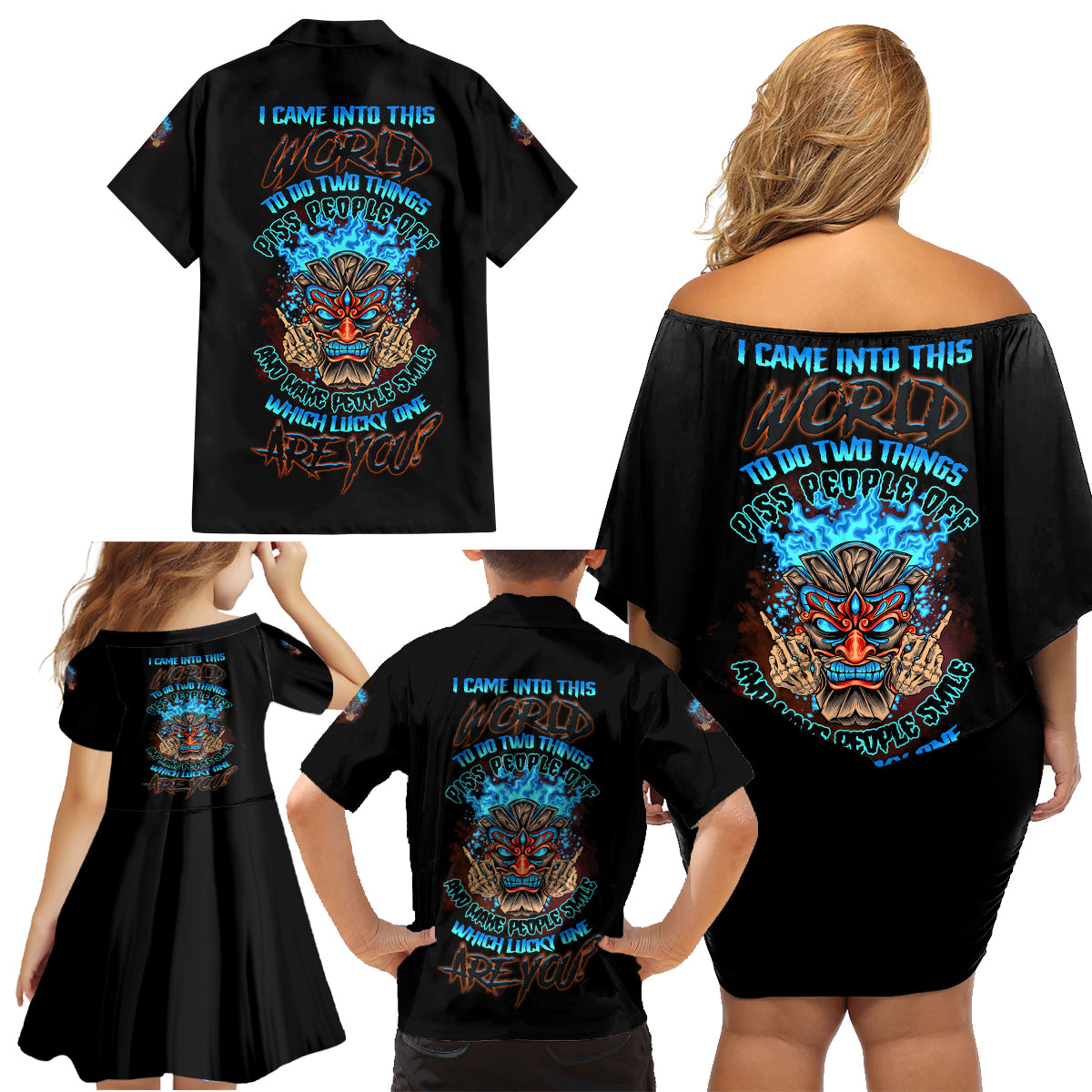 Which Lucky One Are You Skull Tiki Family Matching Off Shoulder Short Dress and Hawaiian Shirt - Wonder Print Shop