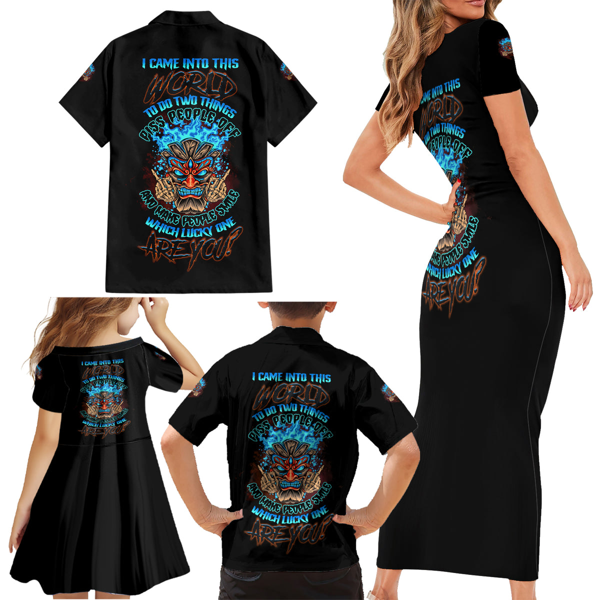 Which Lucky One Are You Skull Tiki Family Matching Short Sleeve Bodycon Dress and Hawaiian Shirt - Wonder Print Shop