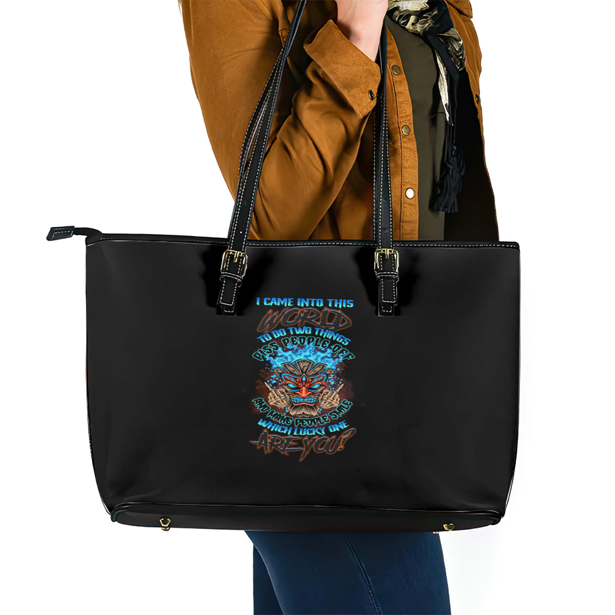 Which Lucky One Are You Skull Tiki Leather Tote Bag - Wonder Print Shop