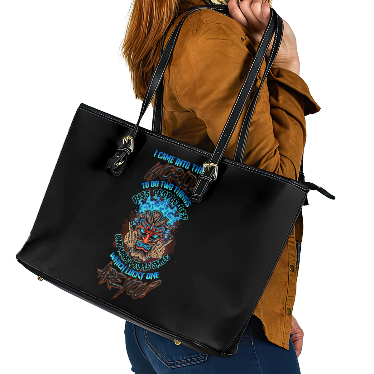 Which Lucky One Are You Skull Tiki Leather Tote Bag - Wonder Print Shop