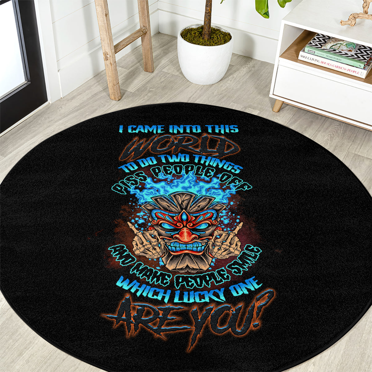 which-lucky-one-are-you-skull-tiki-round-carpet