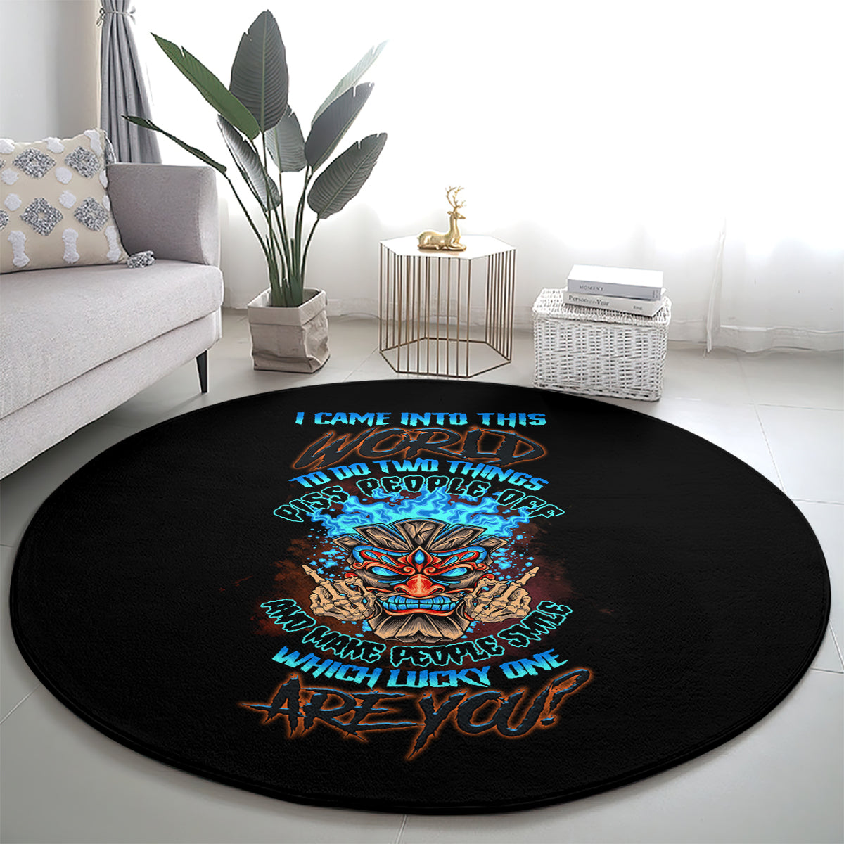 which-lucky-one-are-you-skull-tiki-round-carpet