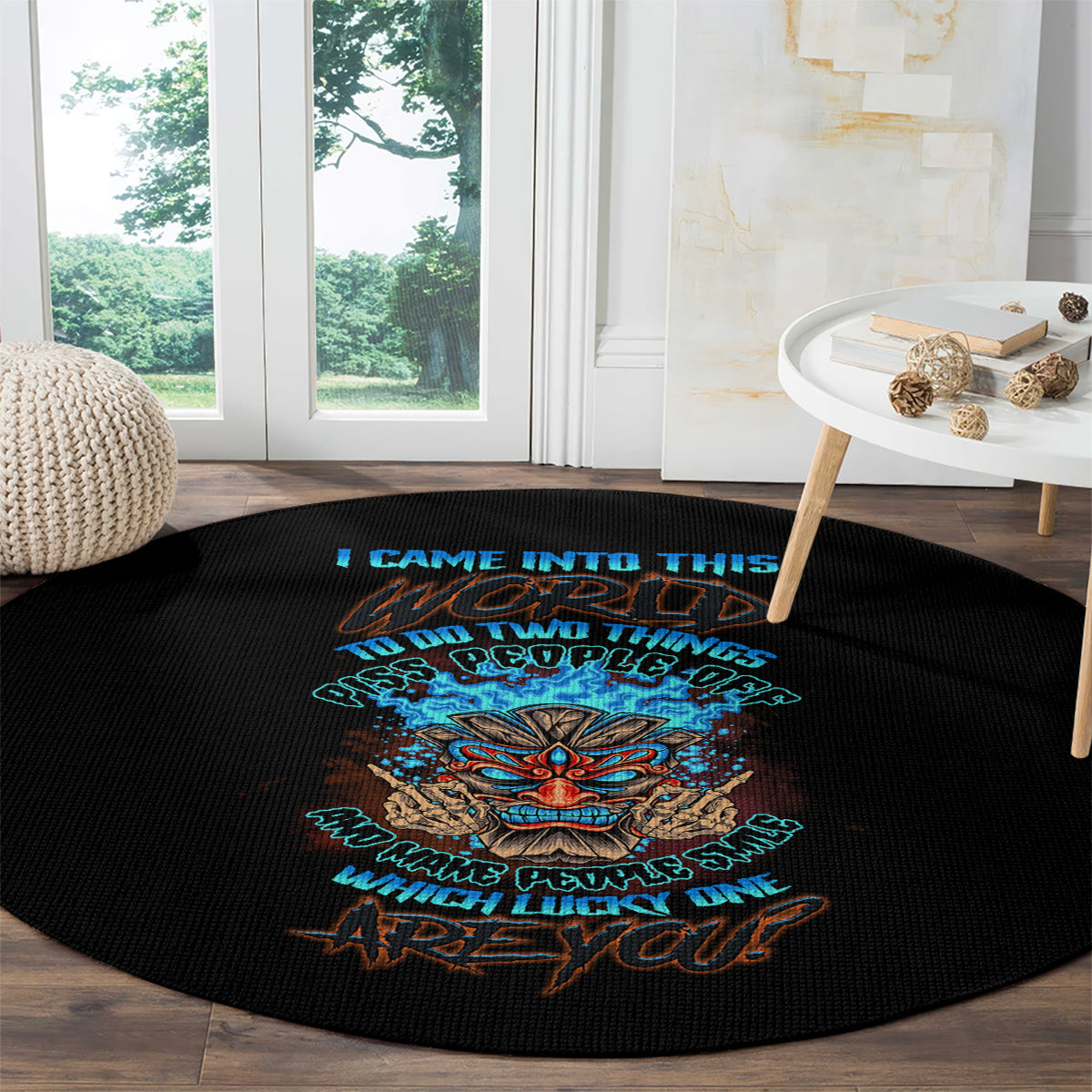 which-lucky-one-are-you-skull-tiki-round-carpet