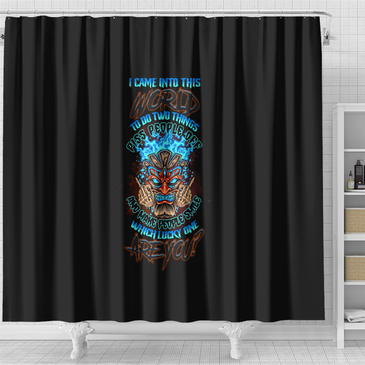 which-lucky-one-are-you-skull-tiki-shower-curtain