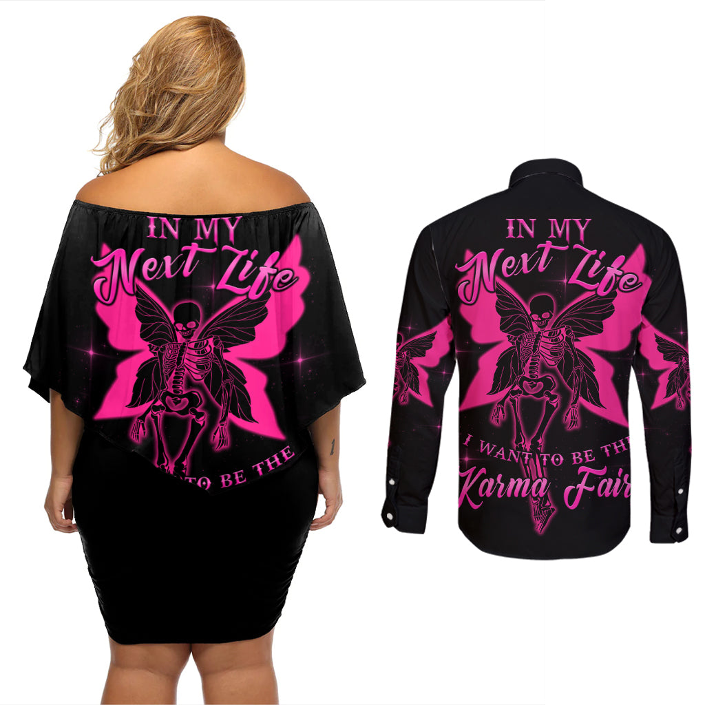 In My Next Life I Want To Be The Karma Fairy Couples Matching Off Shoulder Short Dress and Long Sleeve Button Shirt - Wonder Print Shop