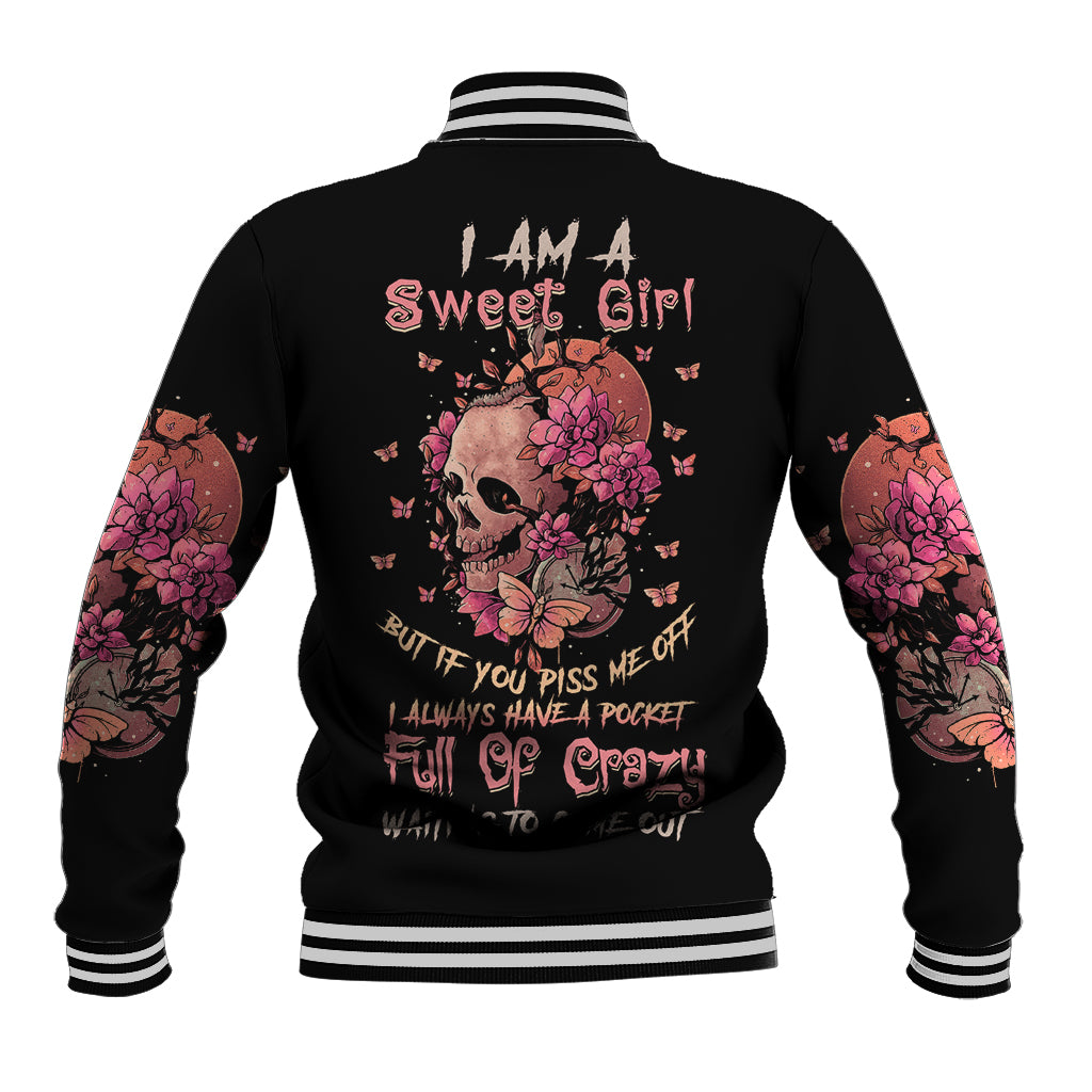 I Am A Sweet Girl Flower Skull Baseball Jacket - Wonder Print Shop