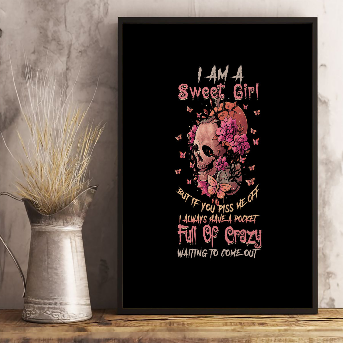 I Am A Sweet Girl Flower Skull Canvas Wall Art - Wonder Print Shop