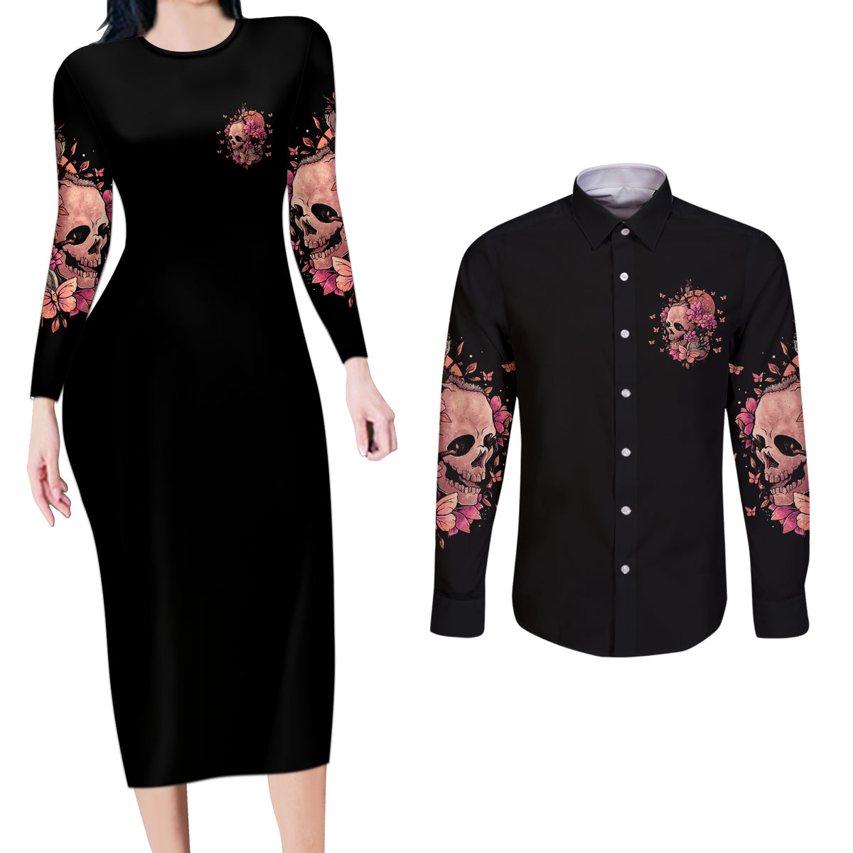 I Am A Sweet Girl Flower Skull Couples Matching Long Sleeve Bodycon Dress and Long Sleeve Button Shirt - Wonder Print Shop