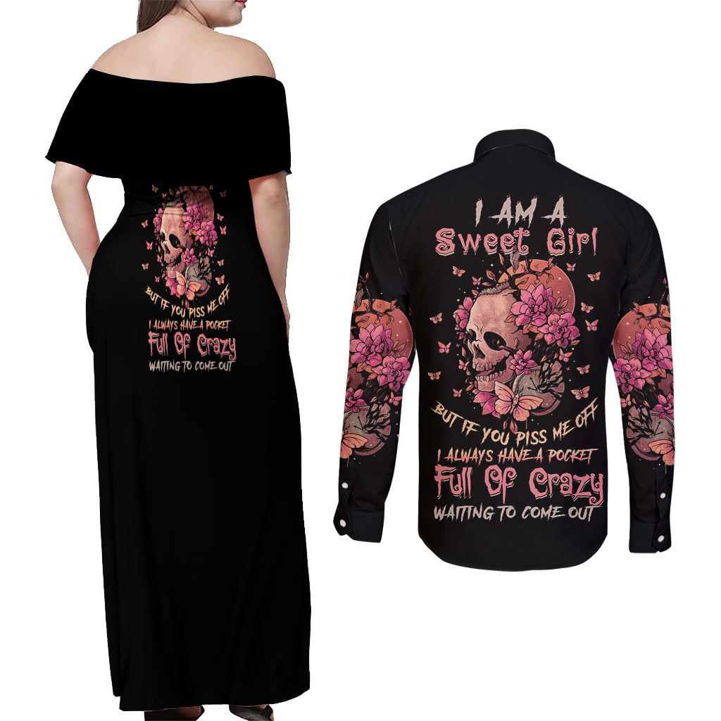 I Am A Sweet Girl Flower Skull Couples Matching Off Shoulder Maxi Dress and Long Sleeve Button Shirt - Wonder Print Shop