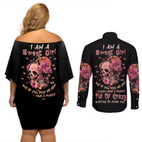 I Am A Sweet Girl Flower Skull Couples Matching Off Shoulder Short Dress and Long Sleeve Button Shirt - Wonder Print Shop