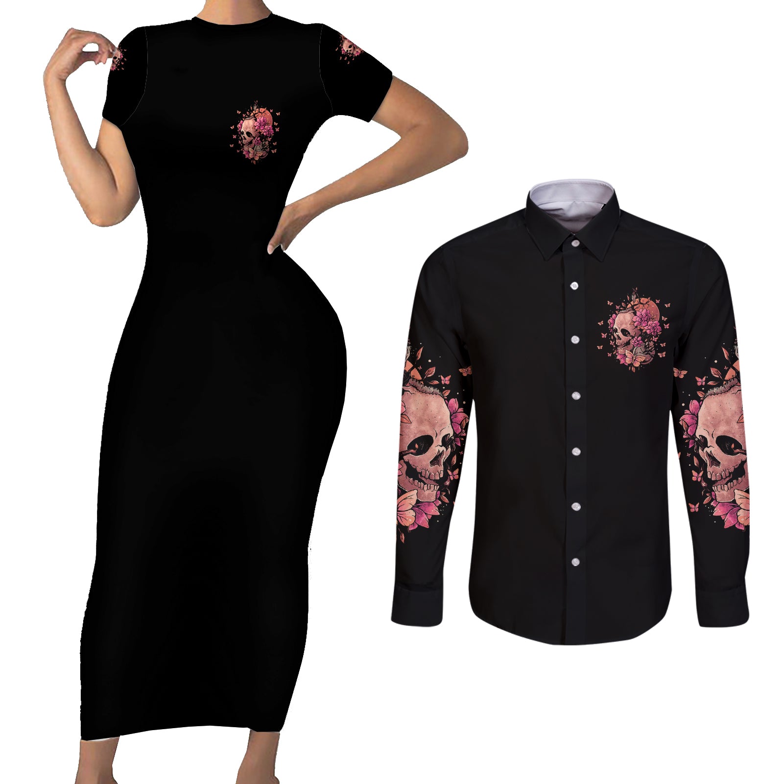 I Am A Sweet Girl Flower Skull Couples Matching Short Sleeve Bodycon Dress and Long Sleeve Button Shirt - Wonder Print Shop