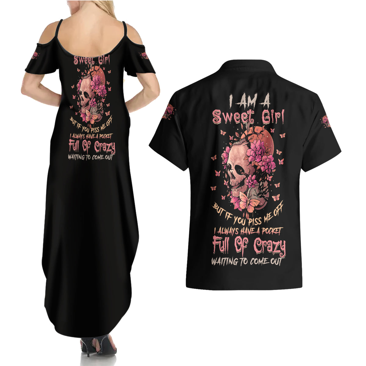 I Am A Sweet Girl Flower Skull Couples Matching Summer Maxi Dress and Hawaiian Shirt - Wonder Print Shop