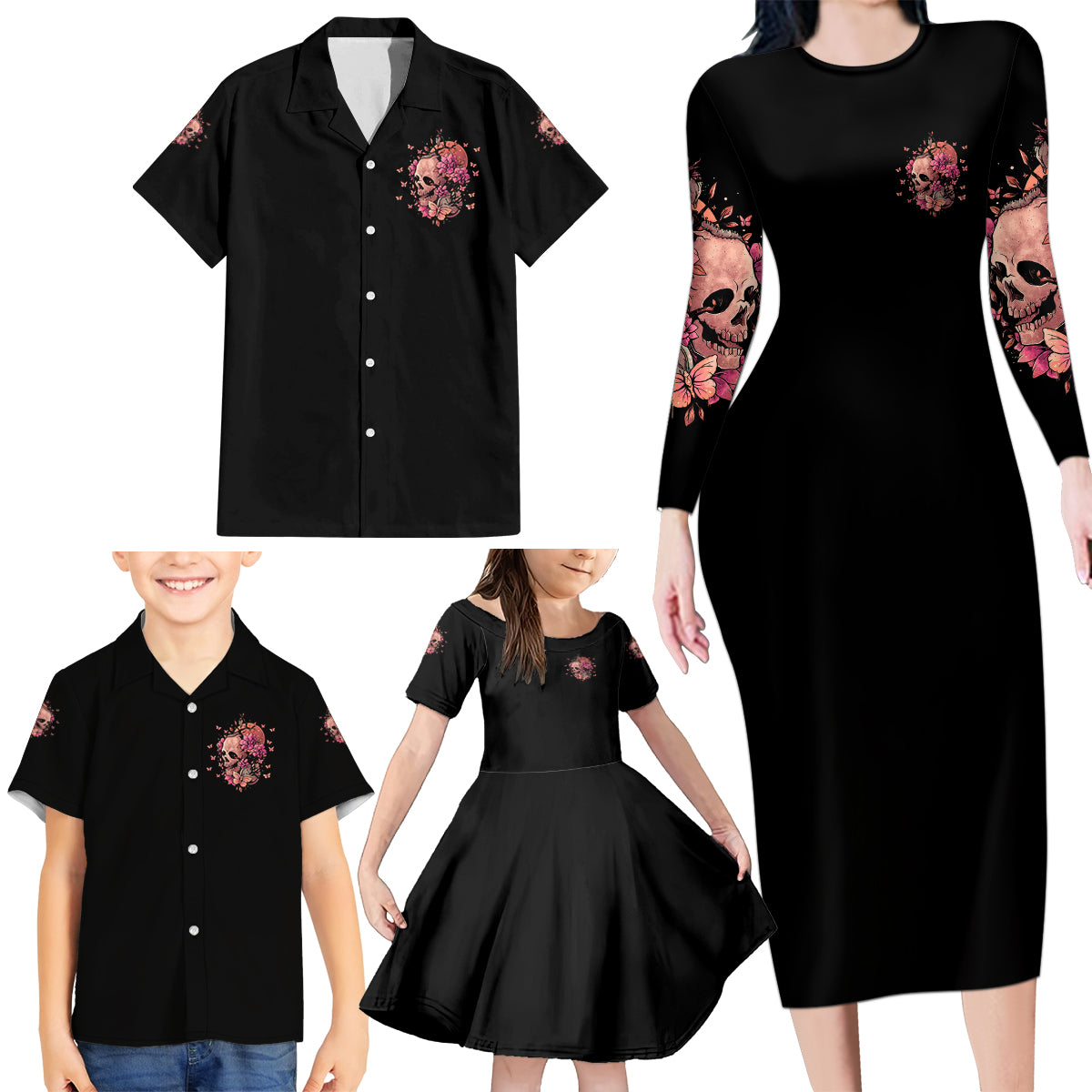 I Am A Sweet Girl Flower Skull Family Matching Long Sleeve Bodycon Dress and Hawaiian Shirt - Wonder Print Shop