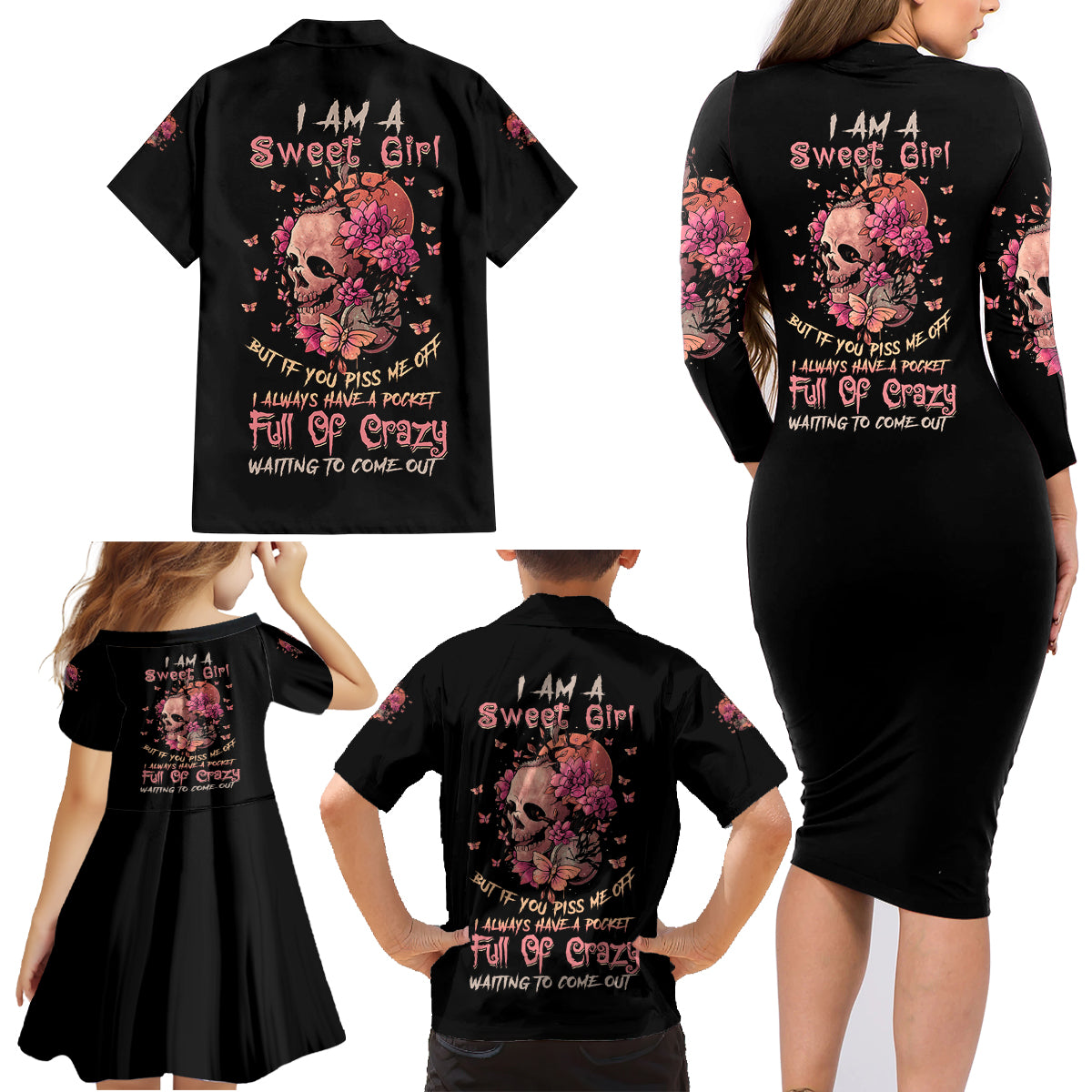 I Am A Sweet Girl Flower Skull Family Matching Long Sleeve Bodycon Dress and Hawaiian Shirt - Wonder Print Shop