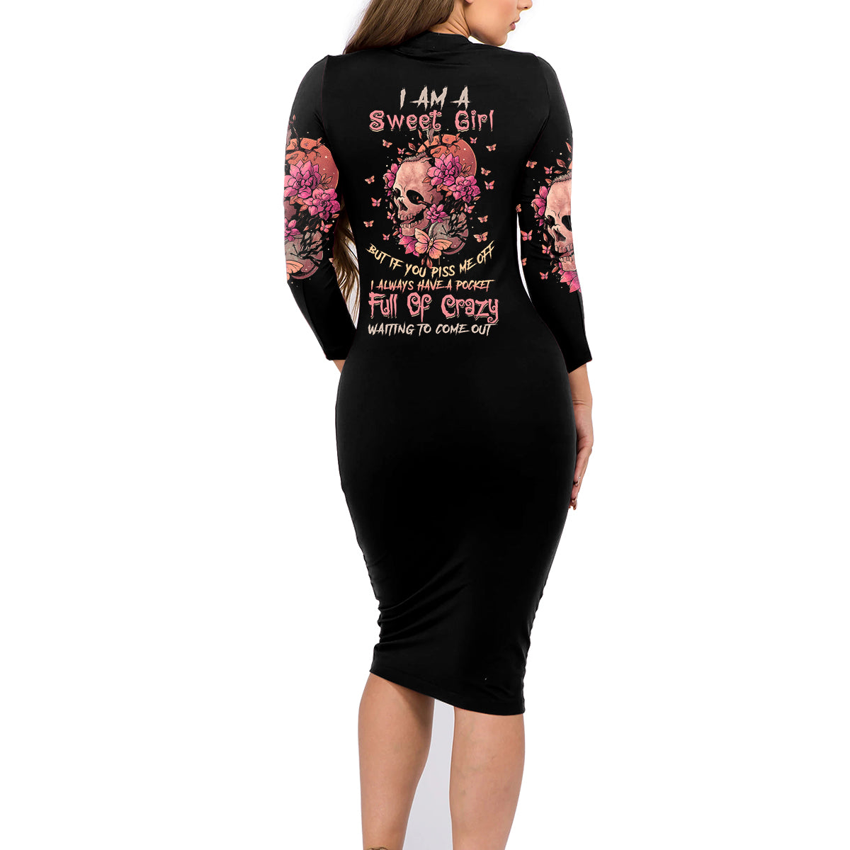 I Am A Sweet Girl Flower Skull Family Matching Long Sleeve Bodycon Dress and Hawaiian Shirt - Wonder Print Shop