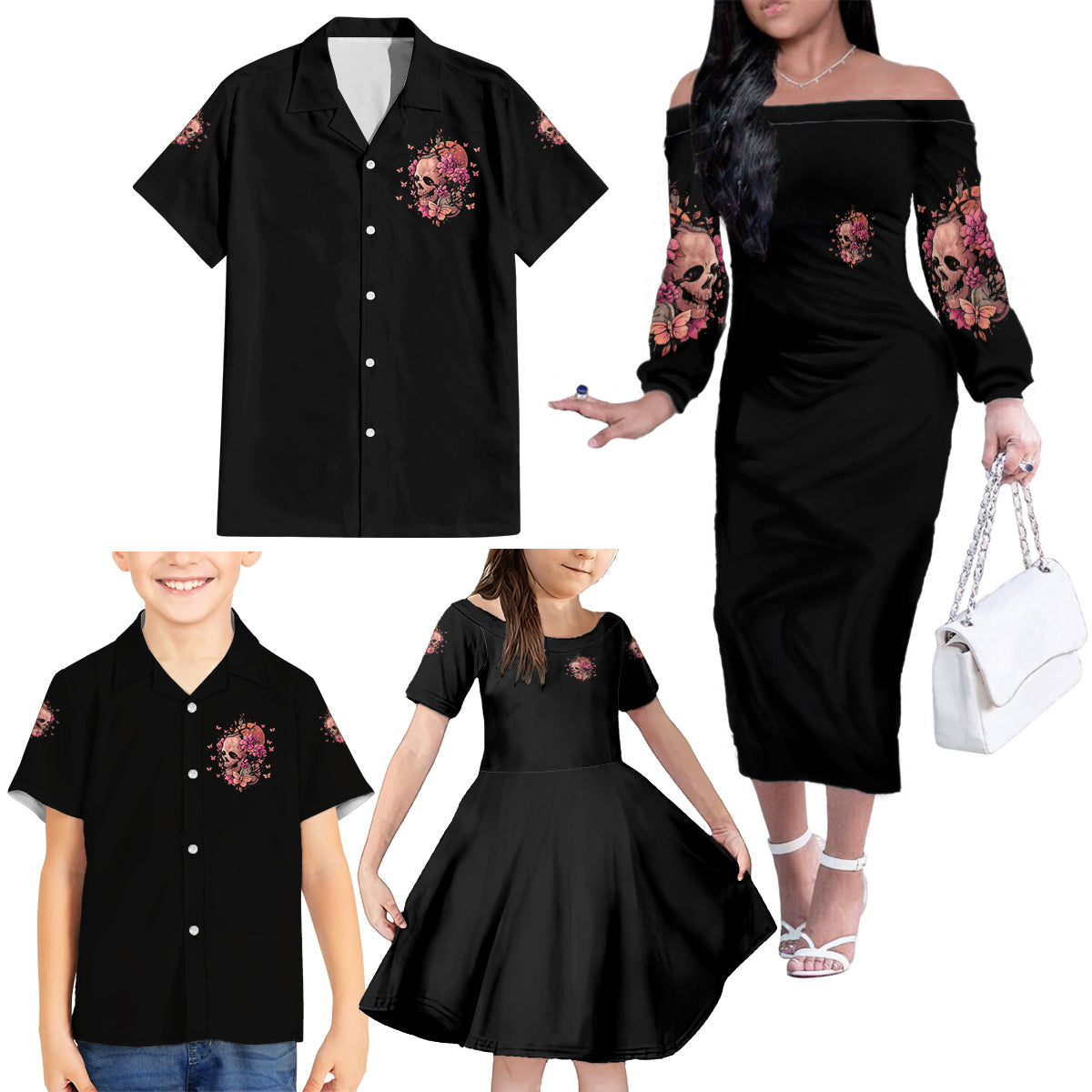 I Am A Sweet Girl Flower Skull Family Matching Off Shoulder Long Sleeve Dress and Hawaiian Shirt - Wonder Print Shop
