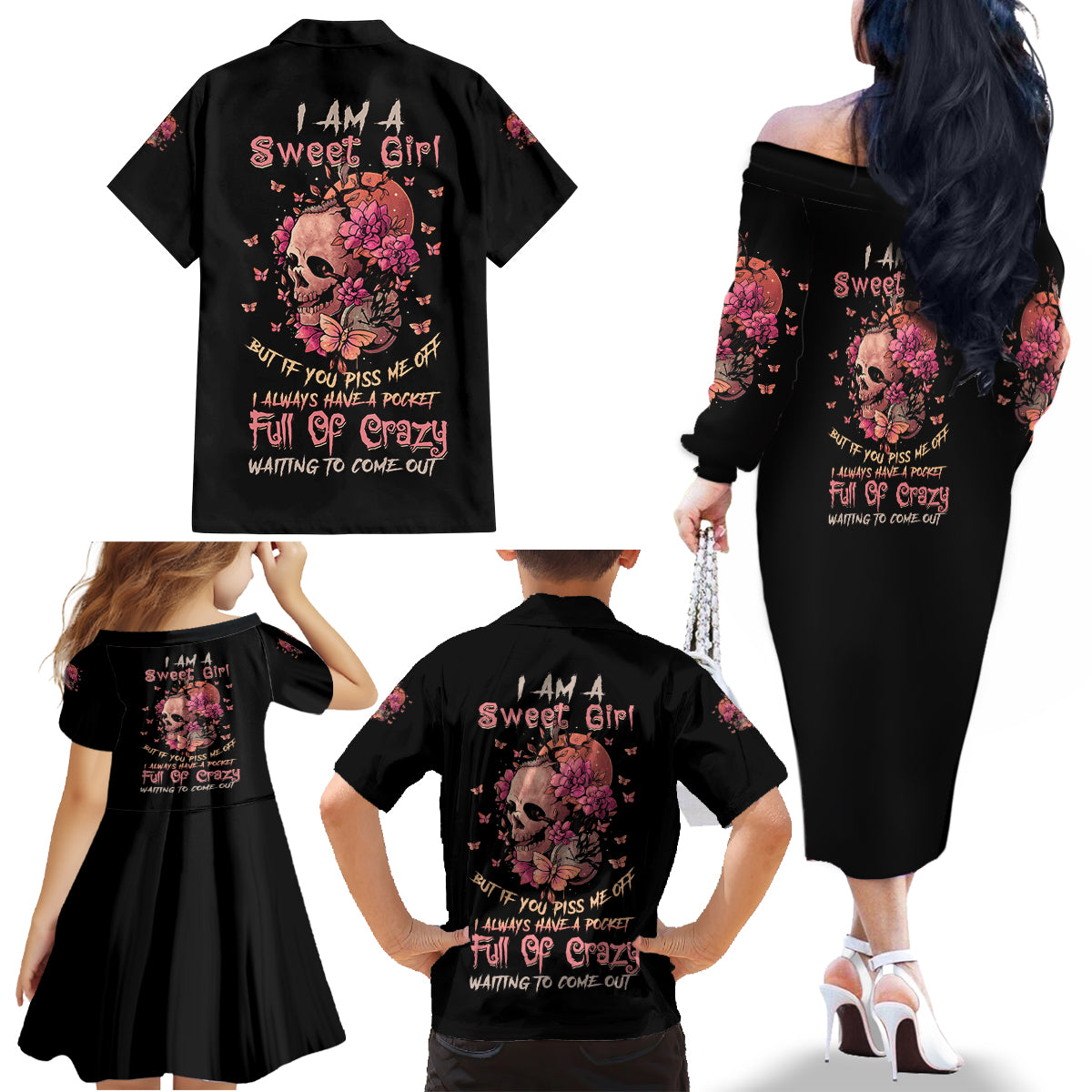 I Am A Sweet Girl Flower Skull Family Matching Off Shoulder Long Sleeve Dress and Hawaiian Shirt - Wonder Print Shop