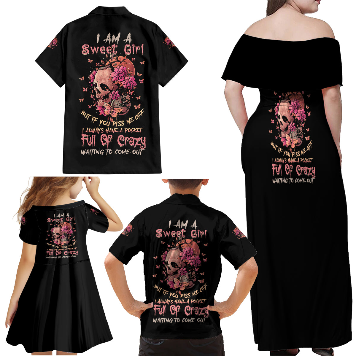 I Am A Sweet Girl Flower Skull Family Matching Off Shoulder Maxi Dress and Hawaiian Shirt - Wonder Print Shop