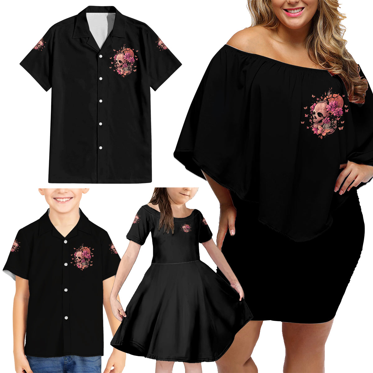 I Am A Sweet Girl Flower Skull Family Matching Off Shoulder Short Dress and Hawaiian Shirt - Wonder Print Shop