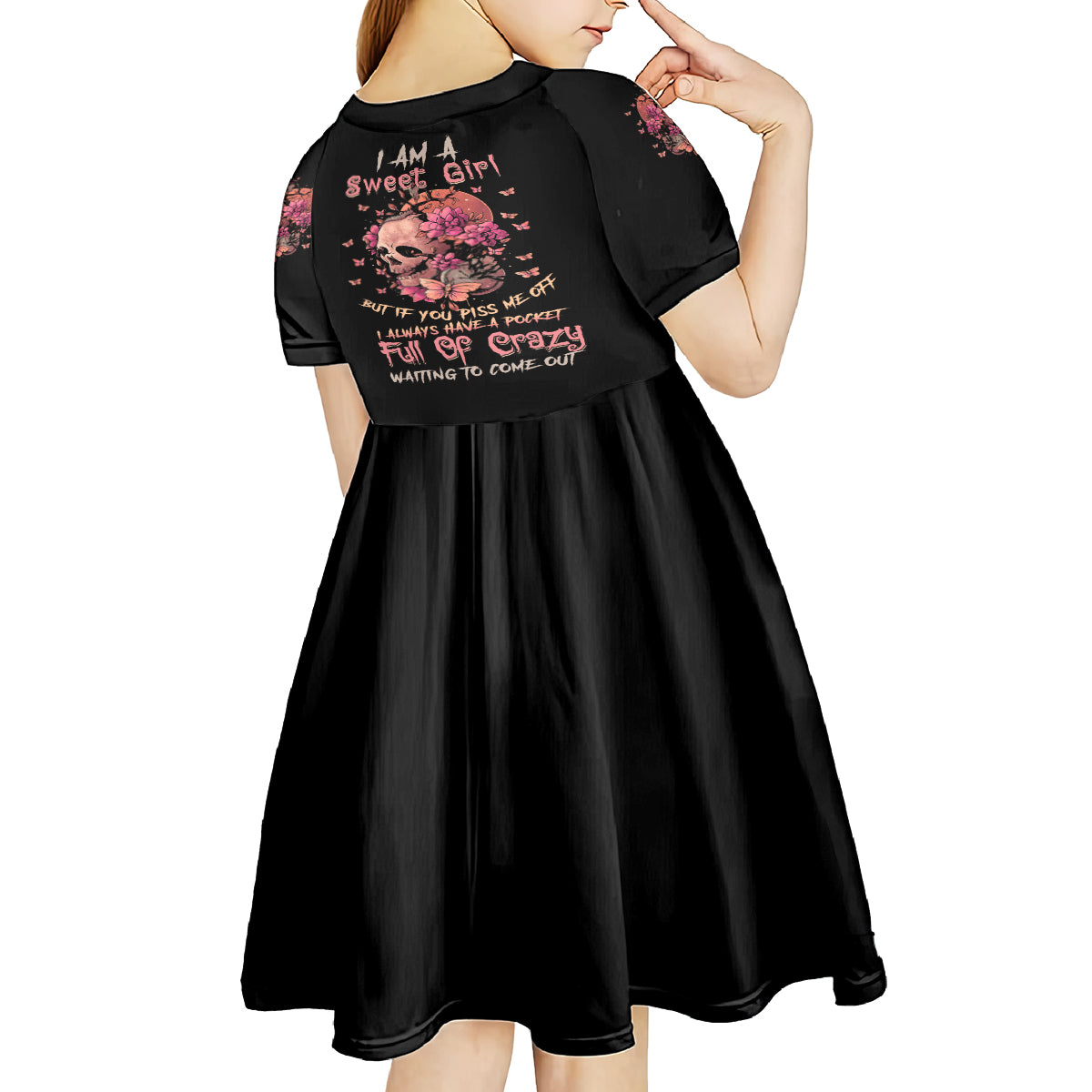 I Am A Sweet Girl Flower Skull Kid Short Sleeve Dress - Wonder Print Shop