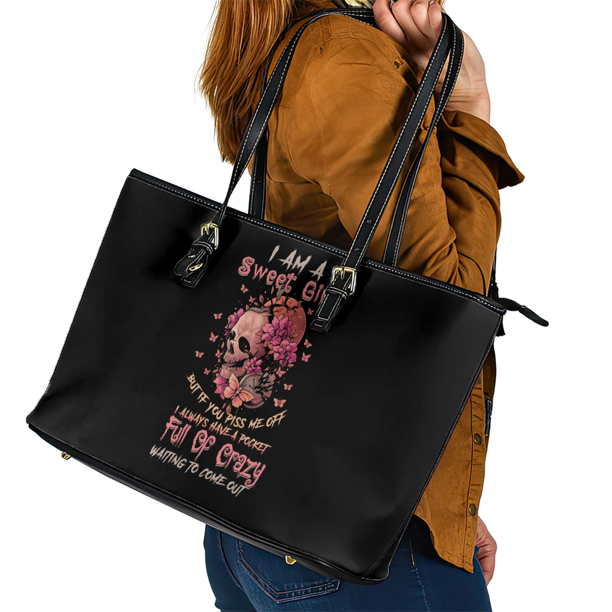 I Am A Sweet Girl Flower Skull Leather Tote Bag - Wonder Print Shop