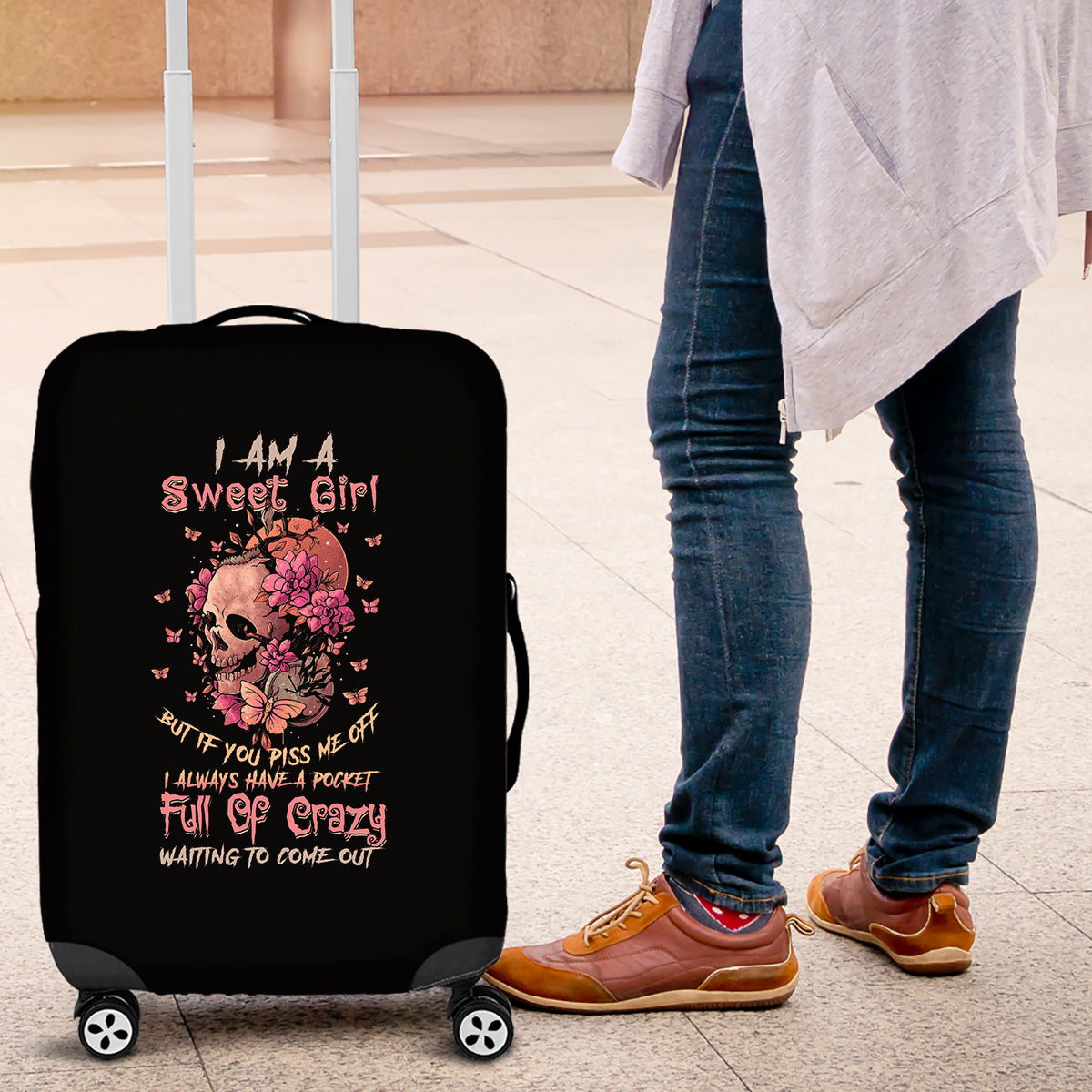 I Am A Sweet Girl Flower Skull Luggage Cover - Wonder Print Shop