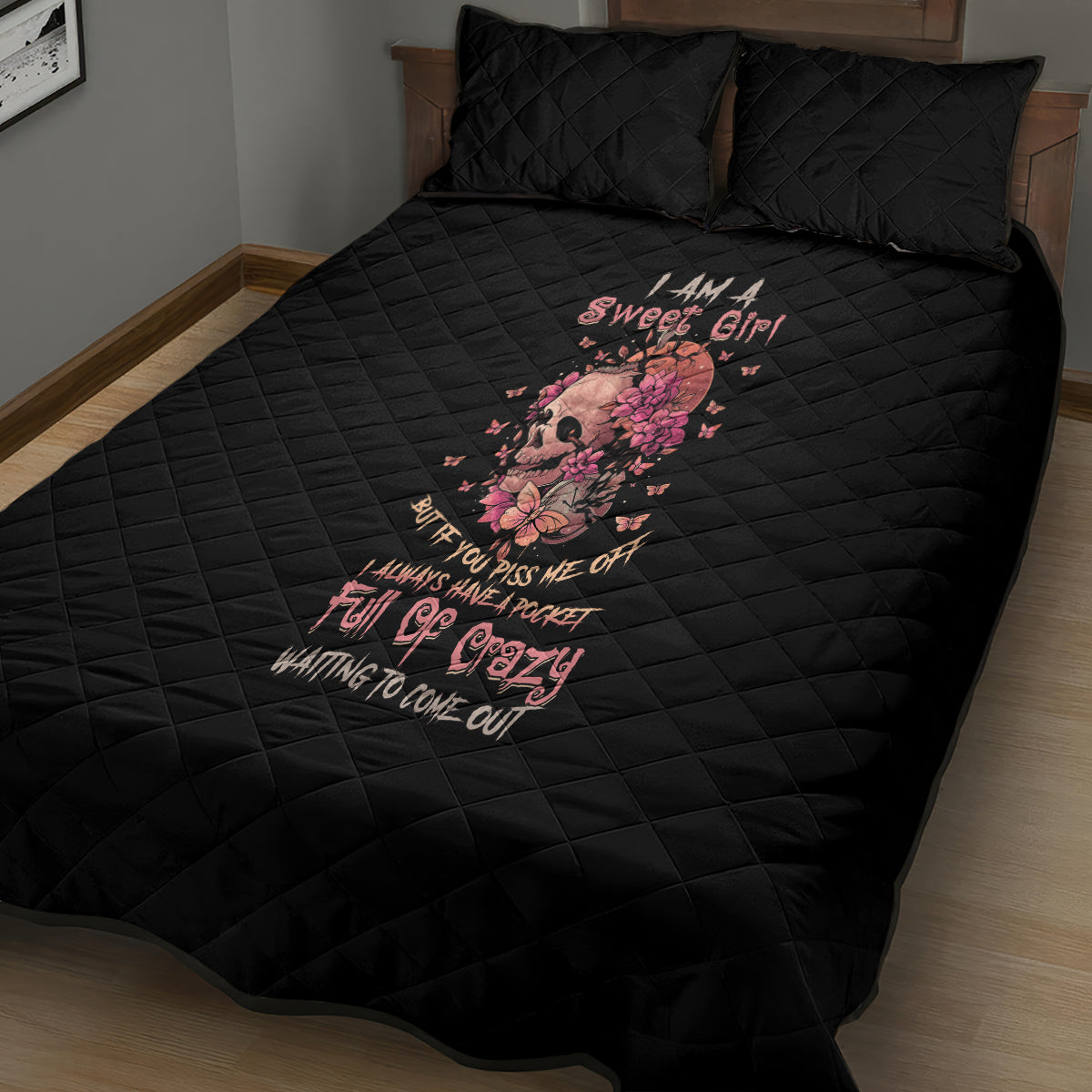 I Am A Sweet Girl Flower Skull Quilt Bed Set - Wonder Print Shop