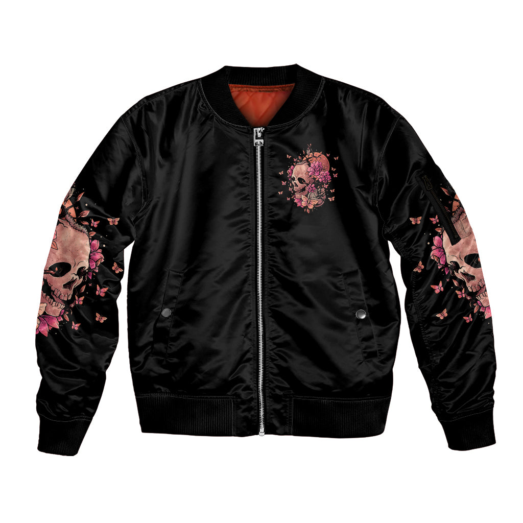I Am A Sweet Girl Flower Skull Sleeve Zip Bomber Jacket - Wonder Print Shop
