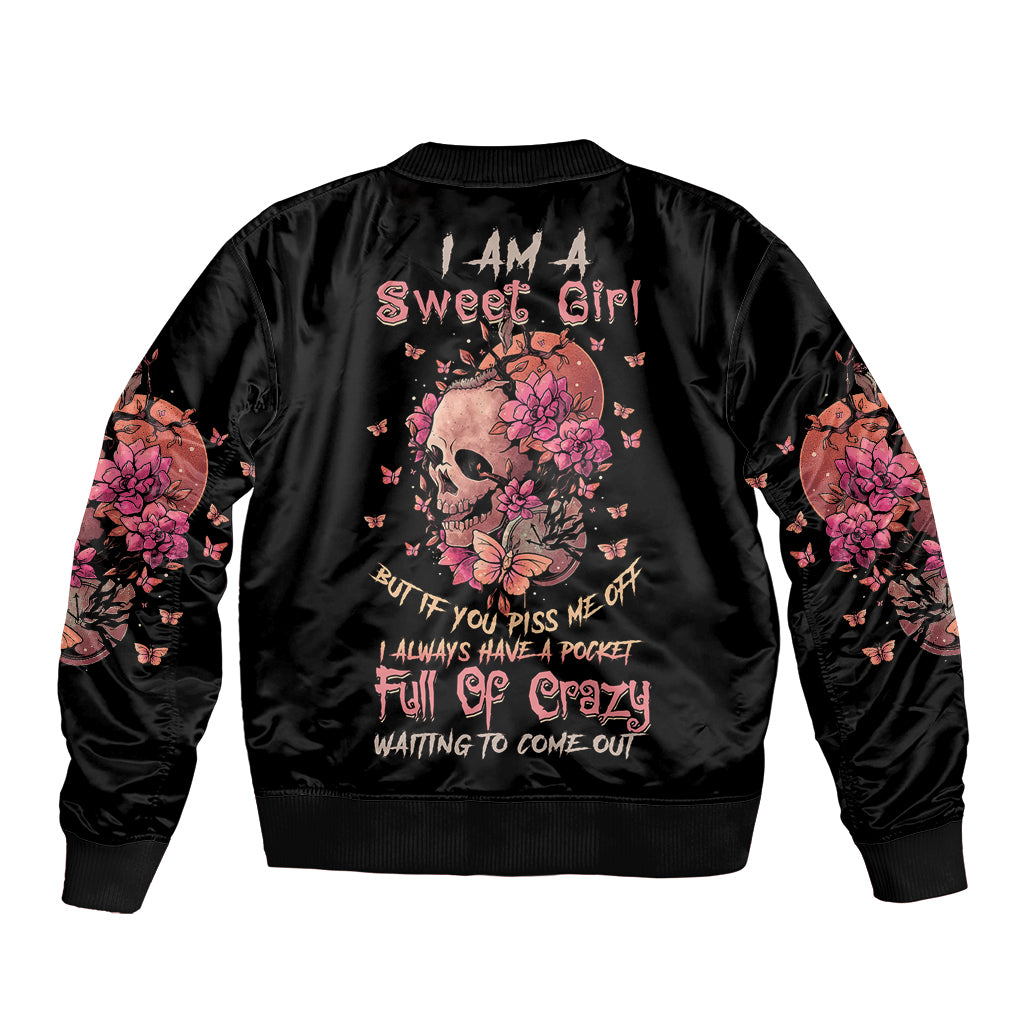 I Am A Sweet Girl Flower Skull Sleeve Zip Bomber Jacket - Wonder Print Shop