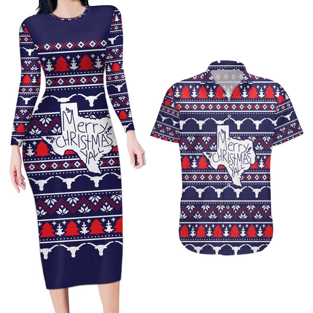 Merry Christmas Y'all Couples Matching Long Sleeve Bodycon Dress and Hawaiian Shirt Xmas Holiday Patterns - Wonder Print Shop
