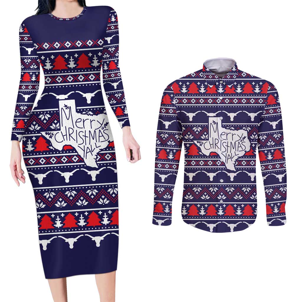 Merry Christmas Y'all Couples Matching Long Sleeve Bodycon Dress and Long Sleeve Button Shirt Xmas Holiday Patterns - Wonder Print Shop