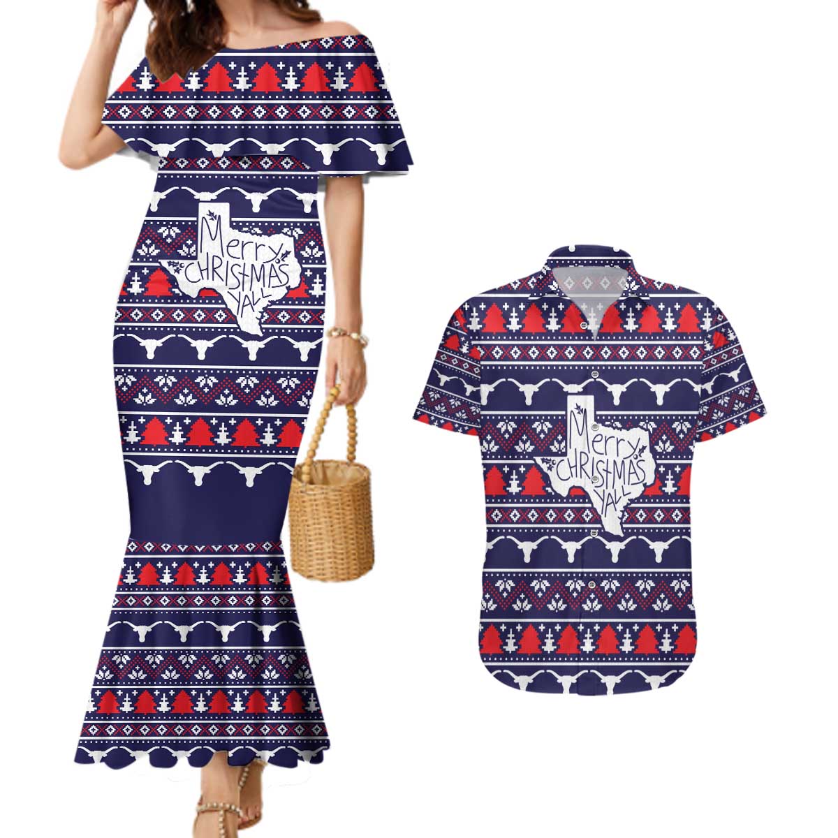 Merry Christmas Y'all Couples Matching Mermaid Dress and Hawaiian Shirt Xmas Holiday Patterns - Wonder Print Shop