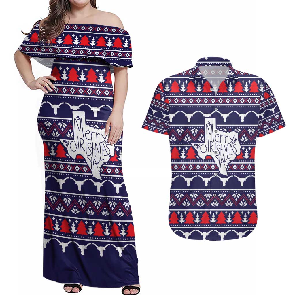 Merry Christmas Y'all Couples Matching Off Shoulder Maxi Dress and Hawaiian Shirt Xmas Holiday Patterns - Wonder Print Shop