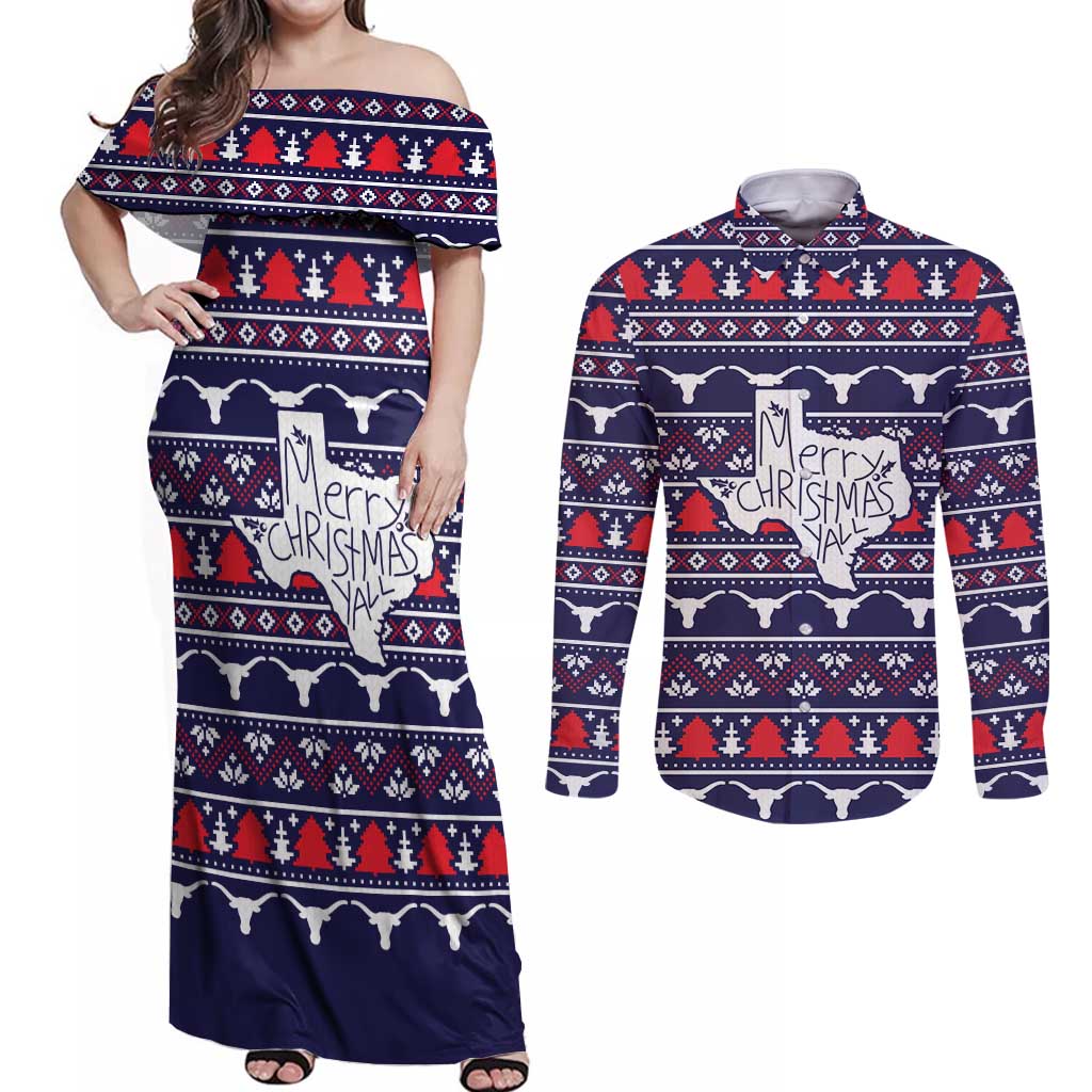 Merry Christmas Y'all Couples Matching Off Shoulder Maxi Dress and Long Sleeve Button Shirt Xmas Holiday Patterns - Wonder Print Shop