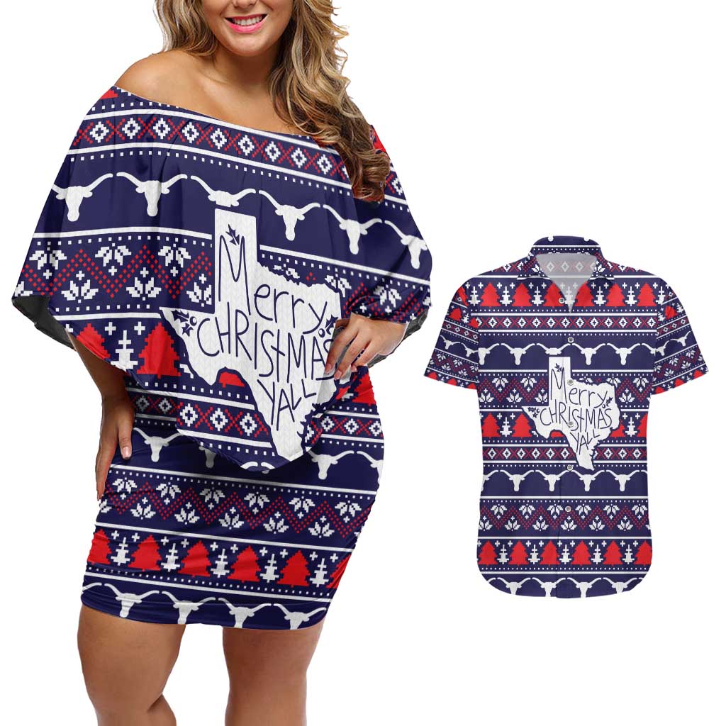 Merry Christmas Y'all Couples Matching Off Shoulder Short Dress and Hawaiian Shirt Xmas Holiday Patterns - Wonder Print Shop