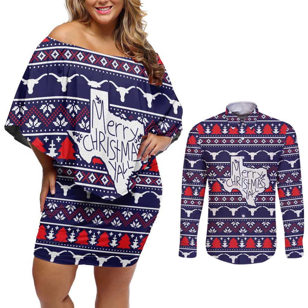 Merry Christmas Y'all Couples Matching Off Shoulder Short Dress and Long Sleeve Button Shirt Xmas Holiday Patterns - Wonder Print Shop