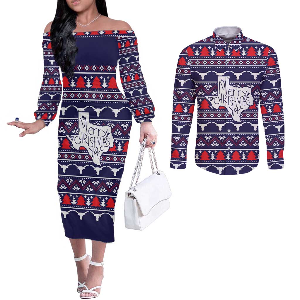 Merry Christmas Y'all Couples Matching Off The Shoulder Long Sleeve Dress and Long Sleeve Button Shirt Xmas Holiday Patterns - Wonder Print Shop