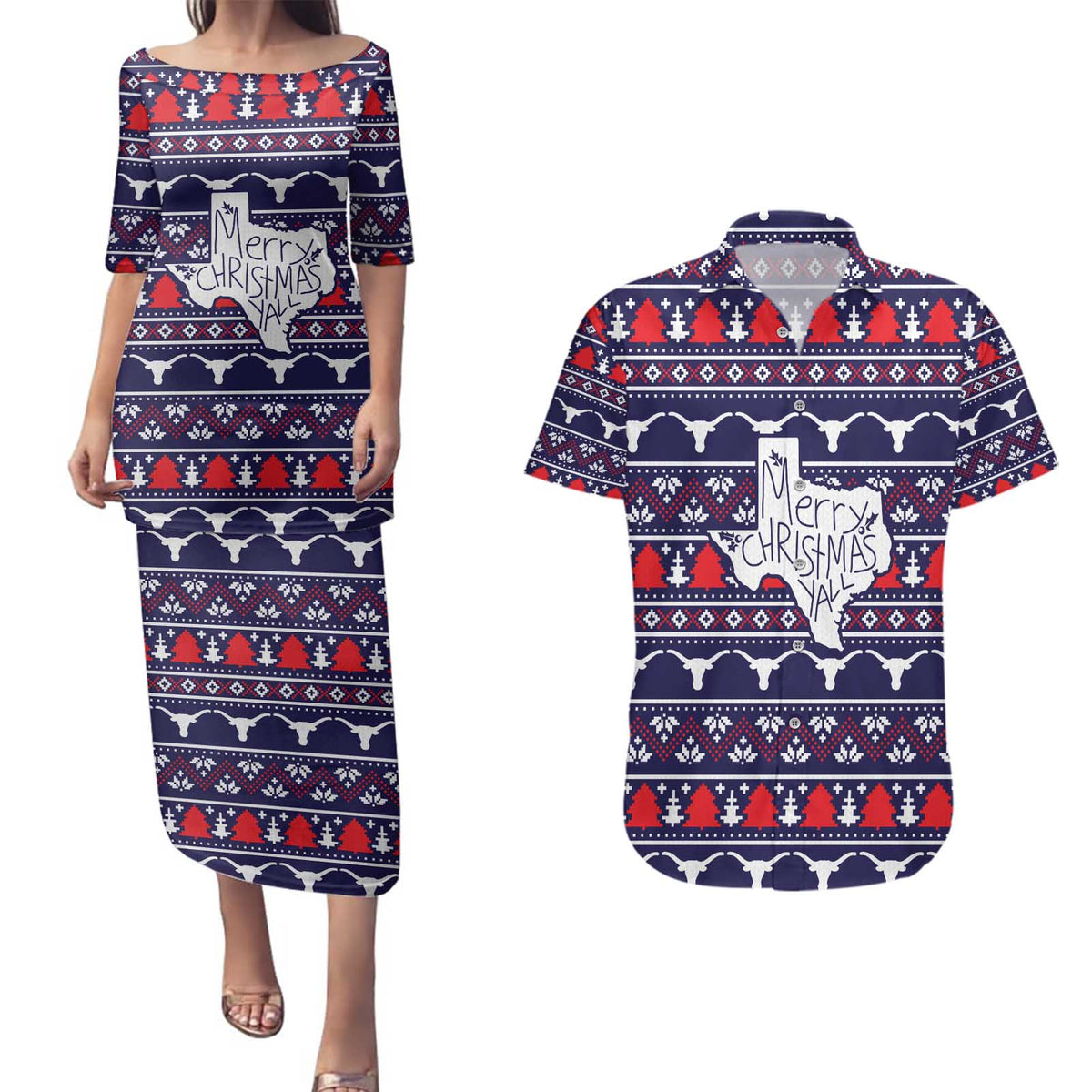 Merry Christmas Y'all Couples Matching Puletasi and Hawaiian Shirt Xmas Holiday Patterns - Wonder Print Shop