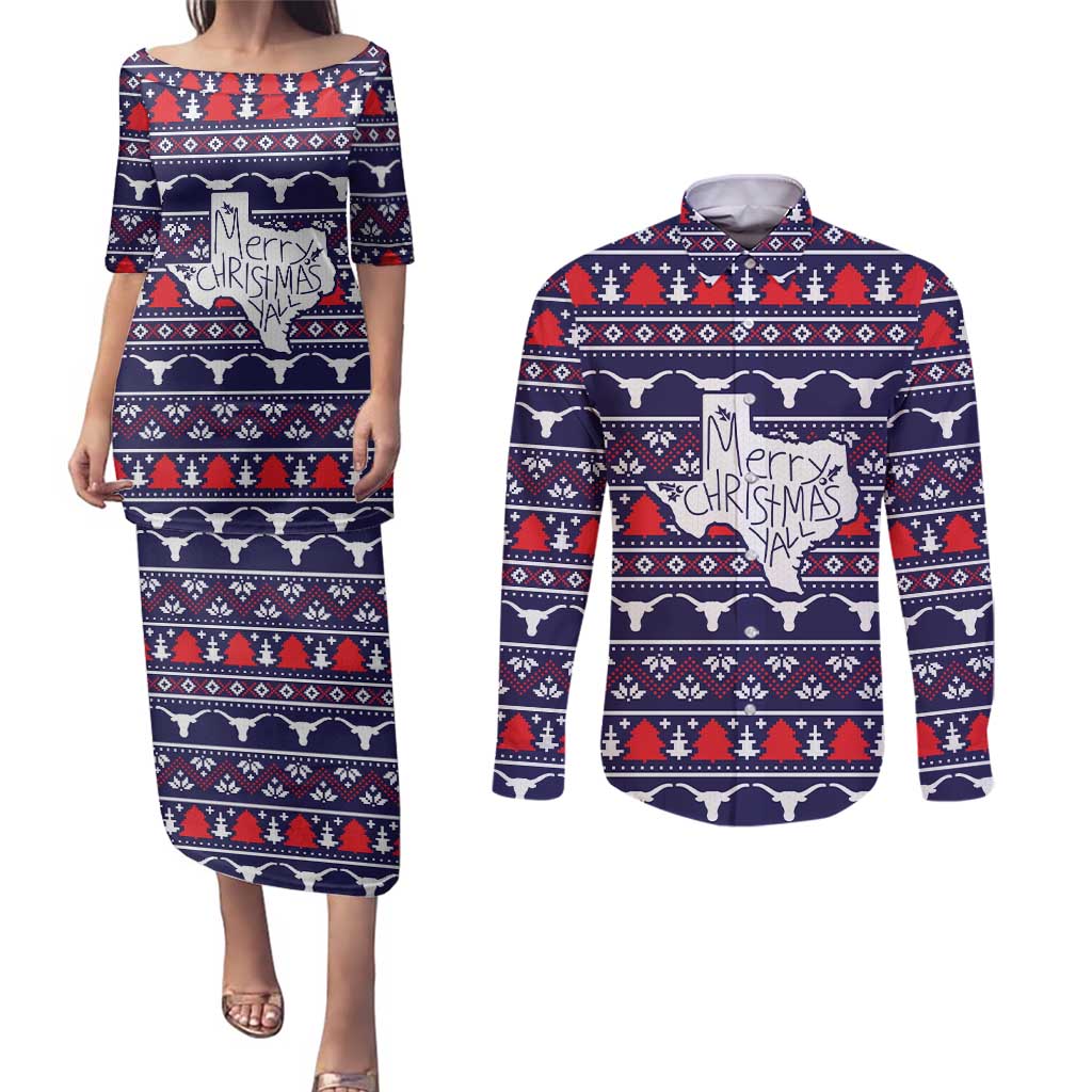 Merry Christmas Y'all Couples Matching Puletasi and Long Sleeve Button Shirt Xmas Holiday Patterns - Wonder Print Shop