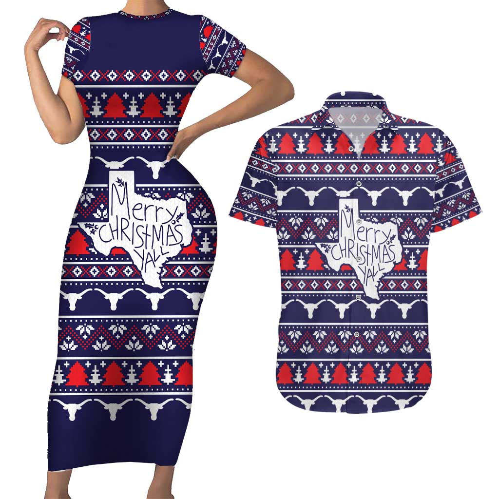 Merry Christmas Y'all Couples Matching Short Sleeve Bodycon Dress and Hawaiian Shirt Xmas Holiday Patterns - Wonder Print Shop