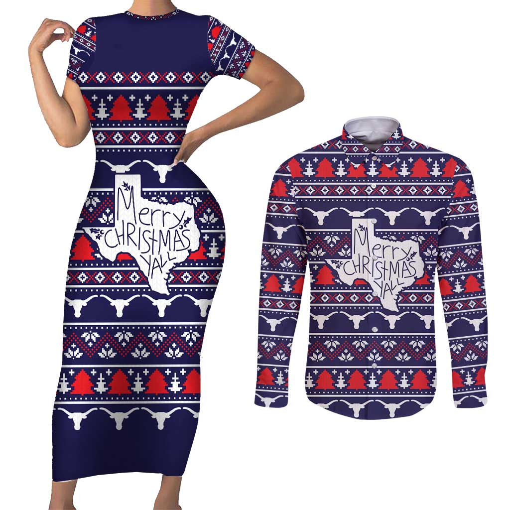 Merry Christmas Y'all Couples Matching Short Sleeve Bodycon Dress and Long Sleeve Button Shirt Xmas Holiday Patterns - Wonder Print Shop