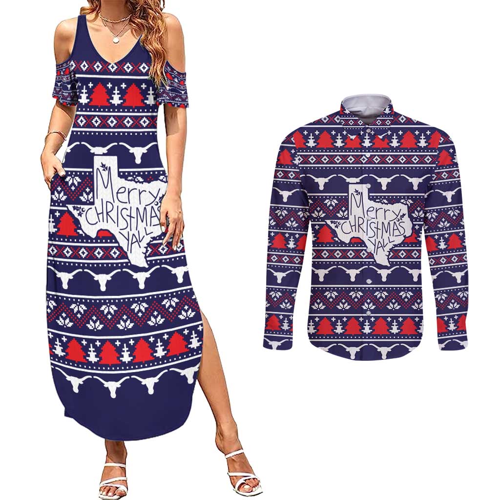 Merry Christmas Y'all Couples Matching Summer Maxi Dress and Long Sleeve Button Shirt Xmas Holiday Patterns - Wonder Print Shop