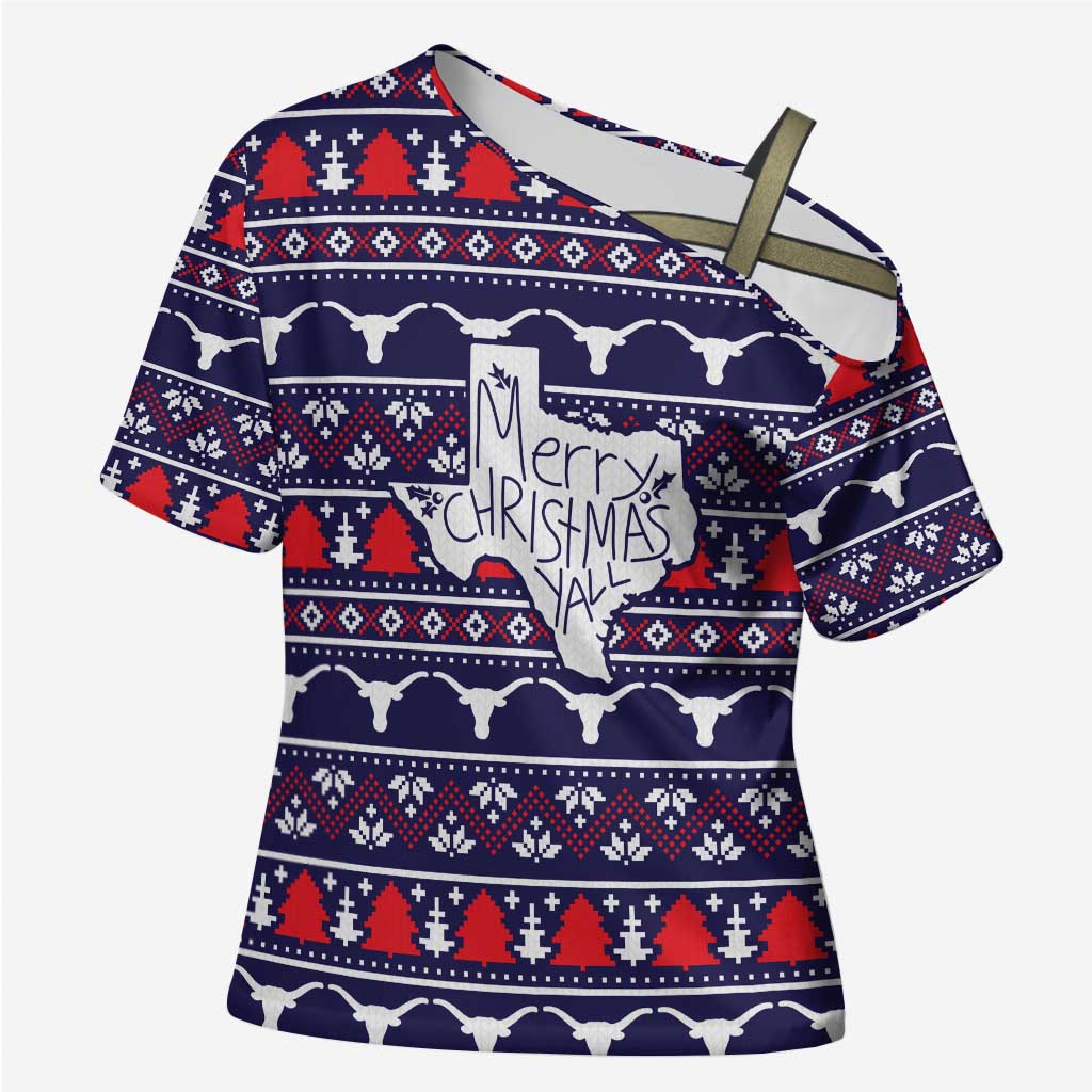 Merry Christmas Y'all Cross Shoulder Shirt Xmas Holiday Patterns - Wonder Print Shop
